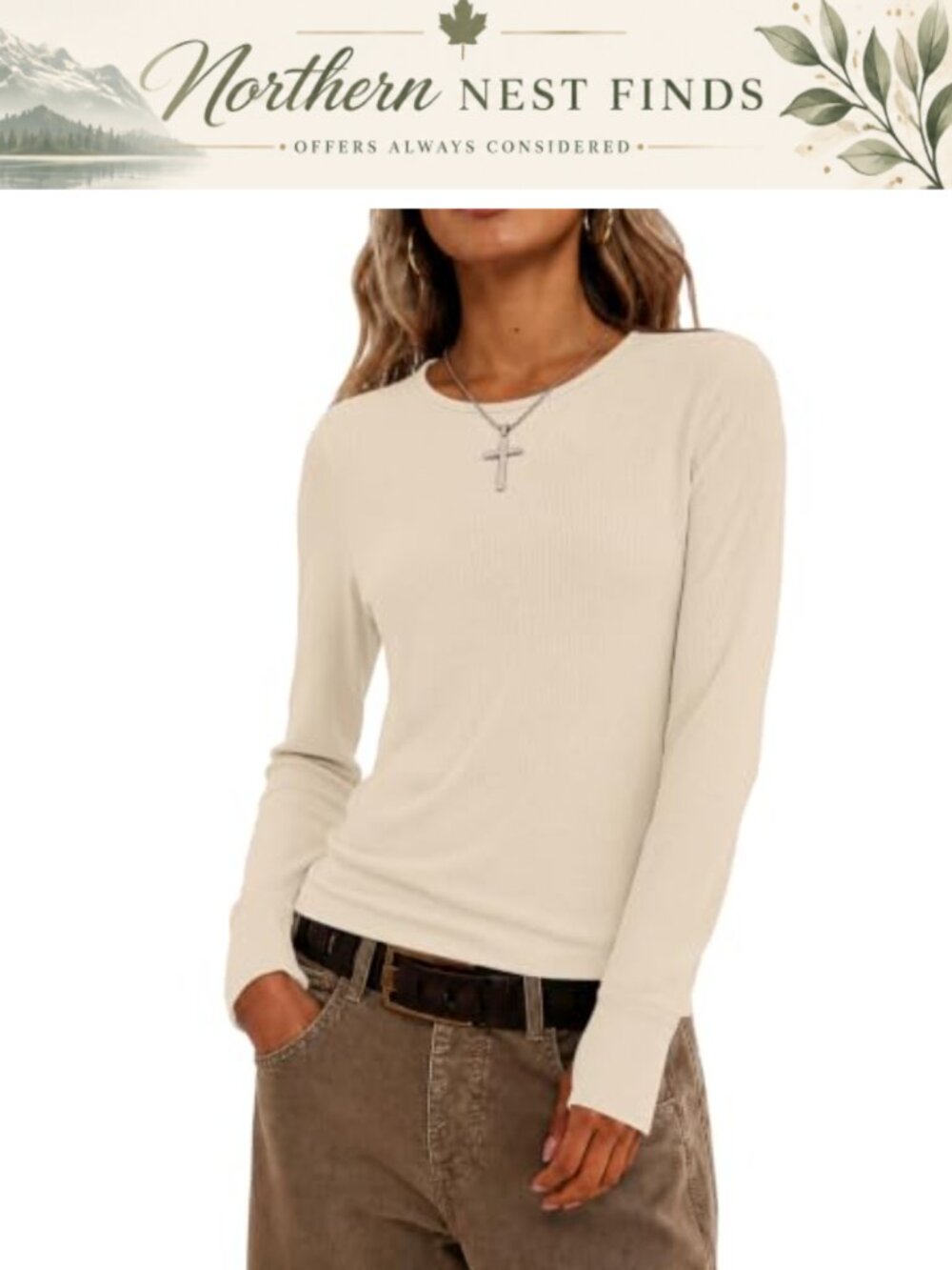 Waffle Knit Long Sleeve Thumb Hole Crew Neck Fitted Top